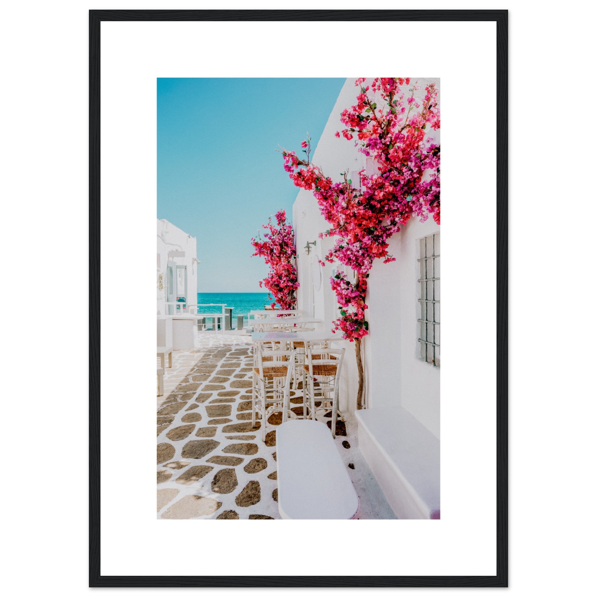 Alley And Houses With Red Bougainvillea Flowers Paros Island Poster