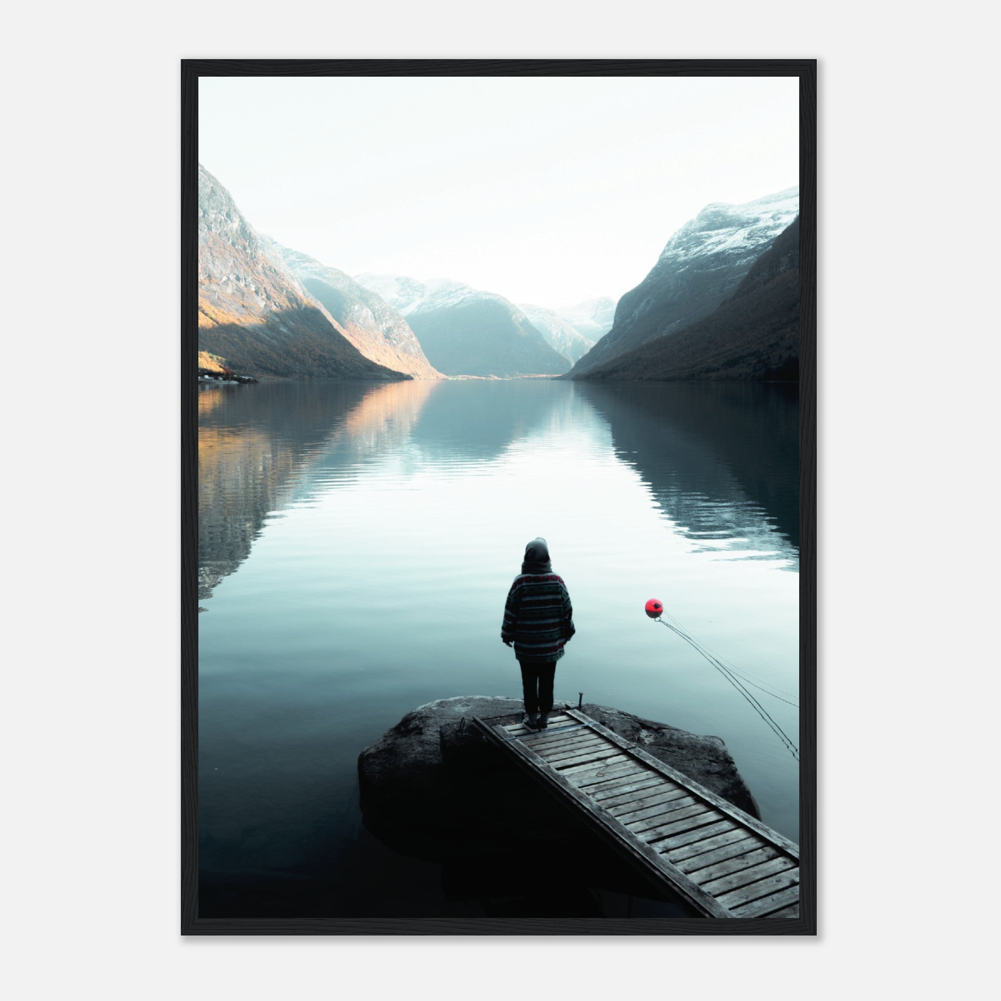 Person Standing On A Pier At Lake Lovatnet In Norway Poster