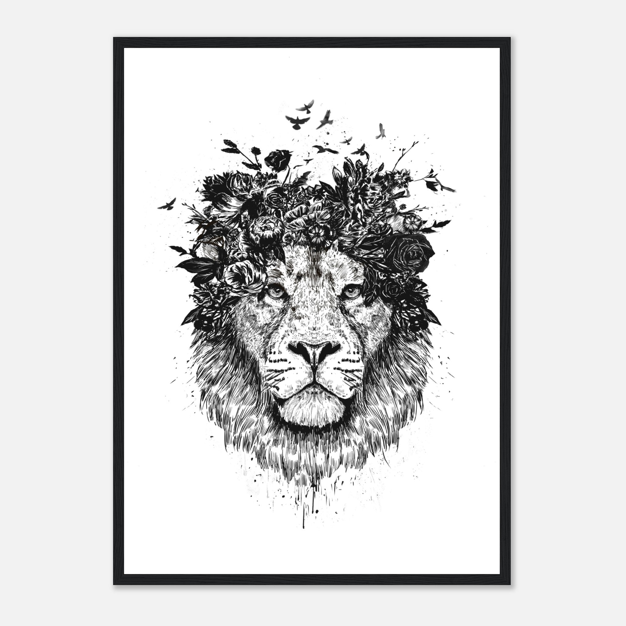 Floral Lion BW Poster